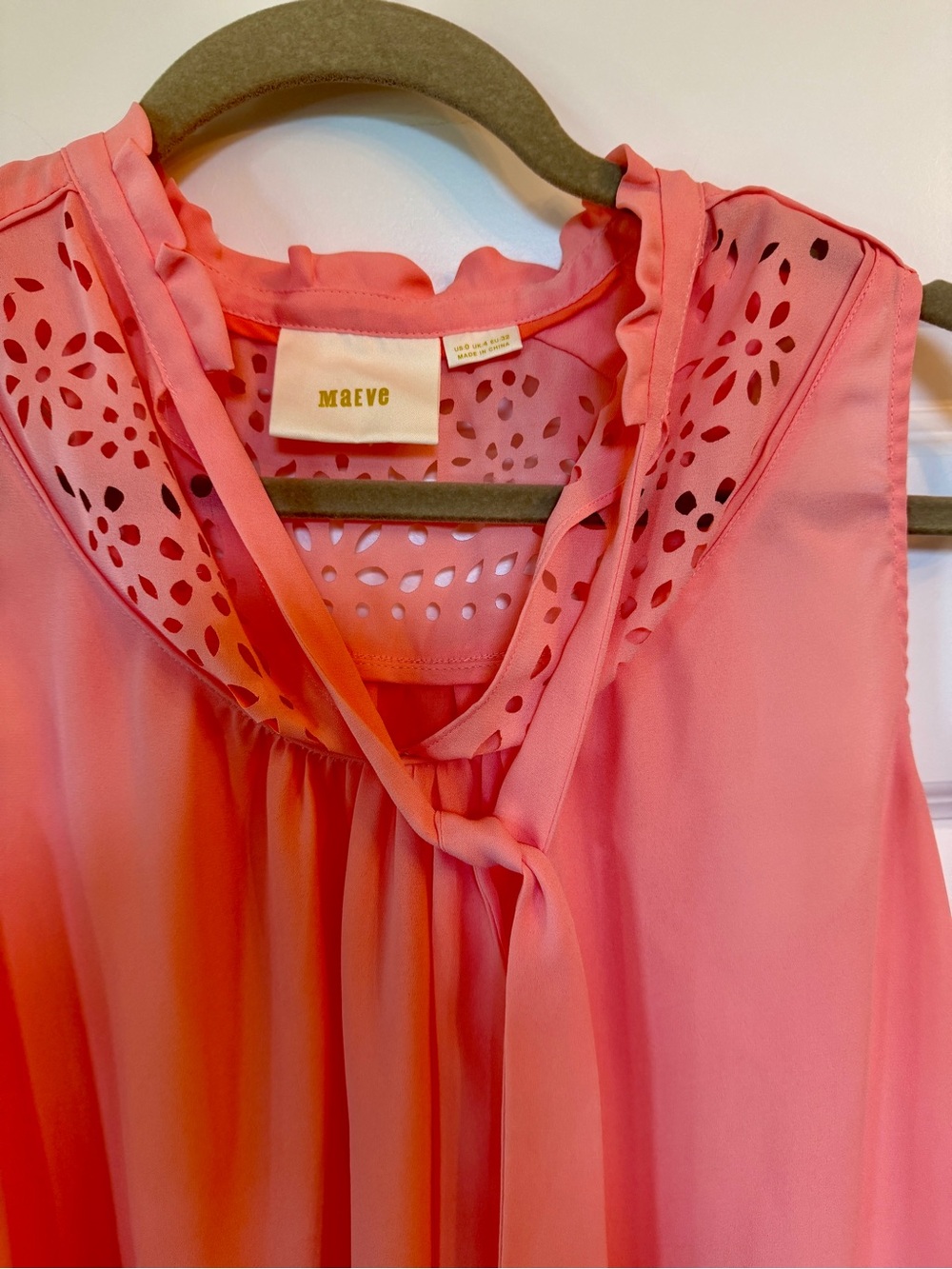 Anthropologie Maeve Pink Eyelet Tie-Neck Sleeveless Top